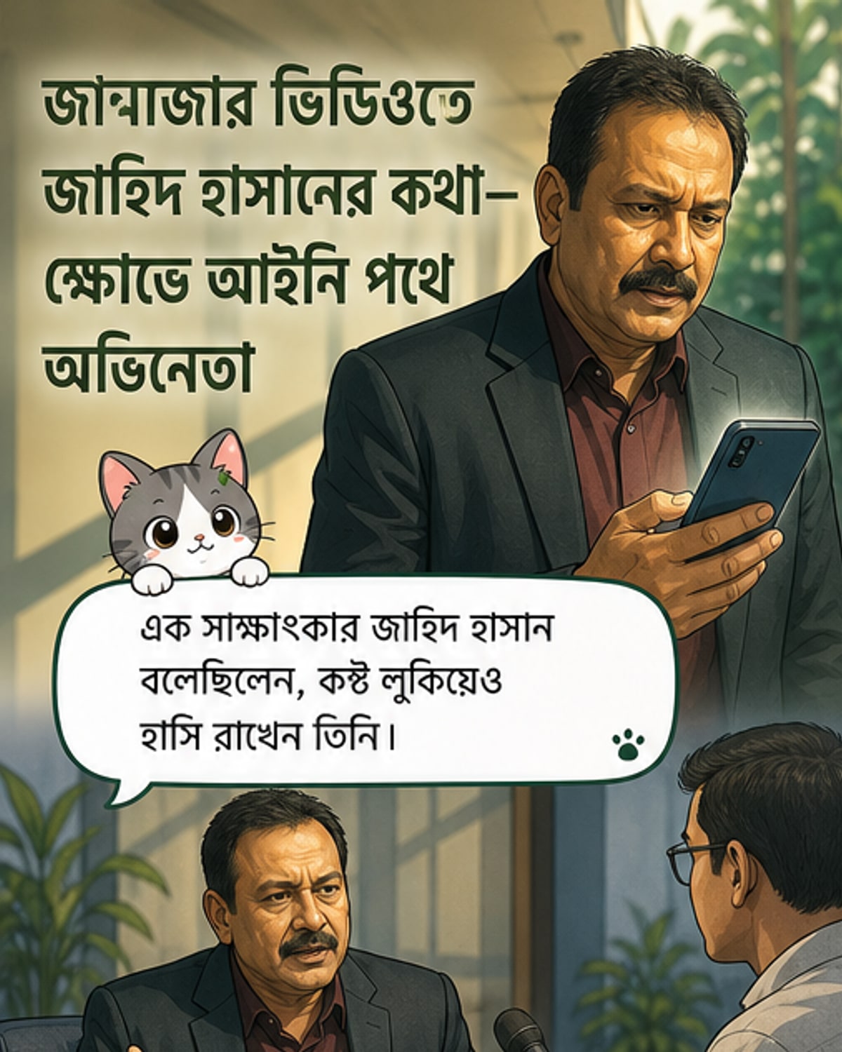 অভিনেতা জাহিদ হাসান ক্যামেরার দিকে ক্রুদ্ধ দৃষ্টিতে তাকিয়ে আছেন, পেছনে সোশ্যাল মিডিয়া আইকন ও বিকৃত ভিডিও প্লেয়ারের ছবি