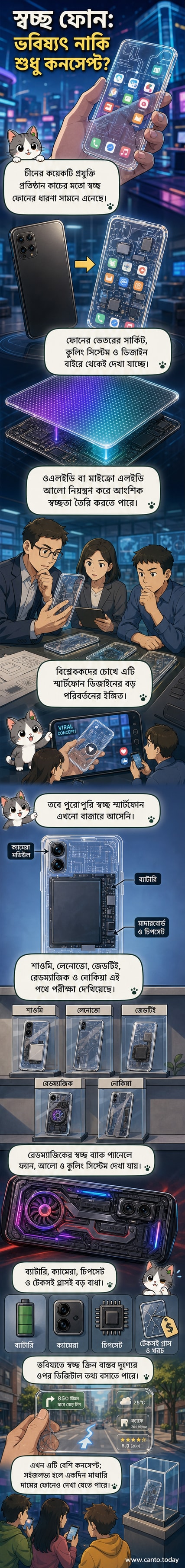একটি স্বচ্ছ স্মার্টফোনের কনসেপ্ট আর্ট, যেখানে ফোনের ভেতরের সার্কিট এবং আলোকিত কুলিং ফ্যান দেখা যাচ্ছে।