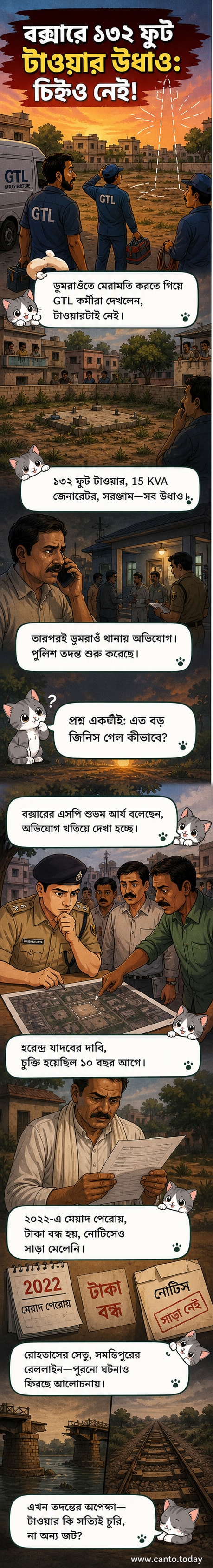 একটি খালি মাঠ, যেখানে আগে একটি উঁচু মোবাইল টাওয়ার ছিল, এখন শুধু ভাঙা কংক্রিট ভিত্তি রয়েছে।