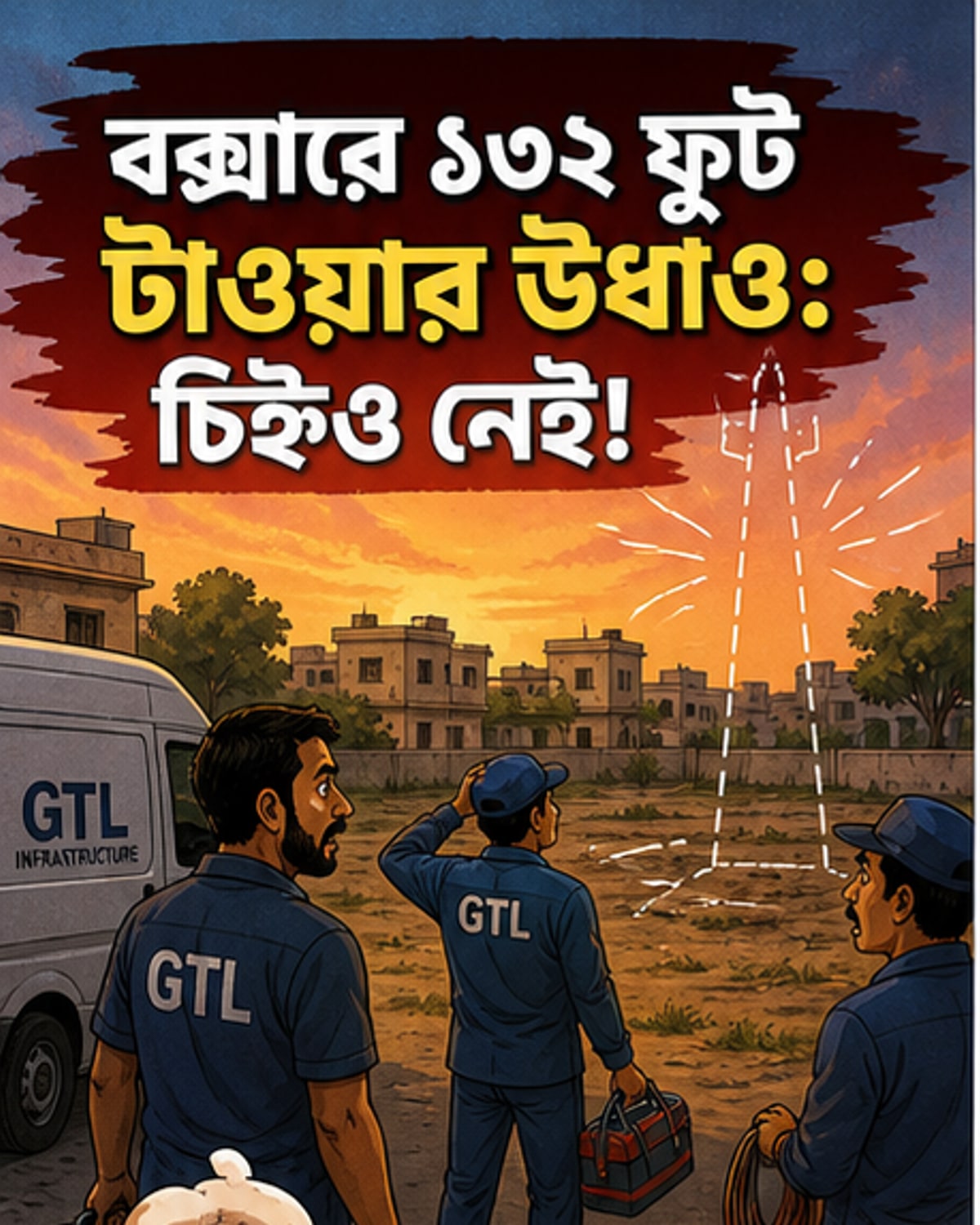 একটি খালি মাঠ, যেখানে আগে একটি উঁচু মোবাইল টাওয়ার ছিল, এখন শুধু ভাঙা কংক্রিট ভিত্তি রয়েছে।