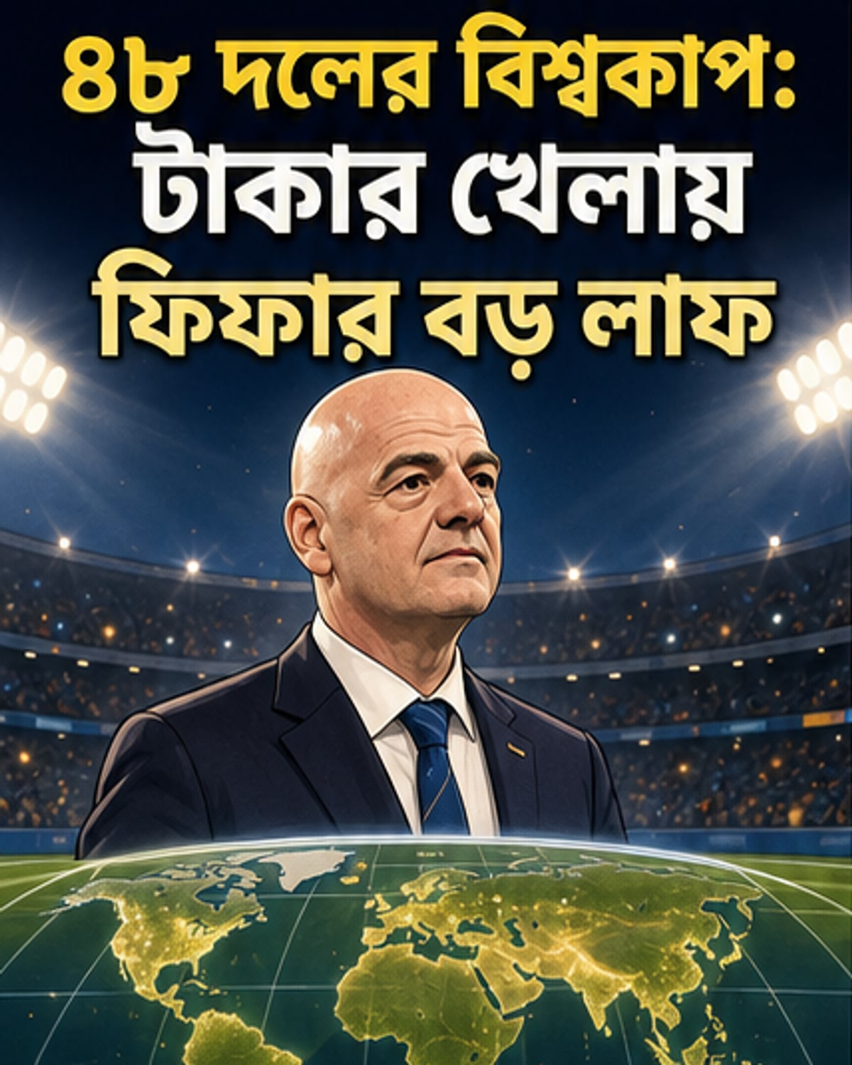 ফিফা বিশ্বকাপ ২০২৬-এর পোস্টারে ঘোষিত বিশাল পুরস্কার তহবিল নিয়ে একটি কাল্পনিক কভার প্যানেল, যেখানে ফুটবল খেলোয়াড়দের হাতে চেকবুক ও সোনার ট্রফি দেখা যাচ্ছে।