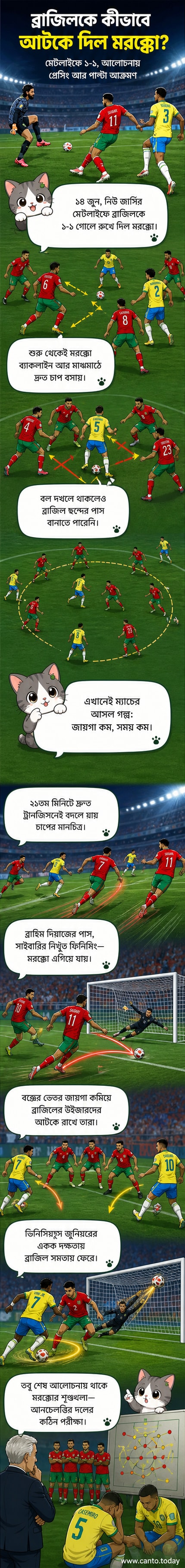 মরক্কো ও ব্রাজিলের ফুটবল খেলার একটি দৃশ্য, যেখানে মরক্কোর খেলোয়াড়রা দ্রুত আক্রমণ চালাচ্ছে এবং ব্রাজিলের ডিফেন্ডাররা পিছিয়ে যাচ্ছে।