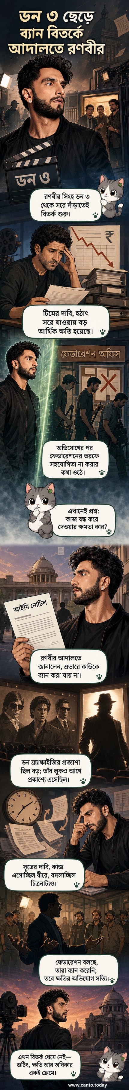 রণবীর সিংহ ক্যামেরার দিকে তাকিয়ে আছেন, পেছনে বলিউড সিনেমার পোস্টার এবং আদালতের সিলুয়েট, 'ডন ৩' বিতর্ক ও ফেডারেশনের সঙ্গে দ্বন্দ্ব প্রতীকীভাবে দেখানো হয়েছে।