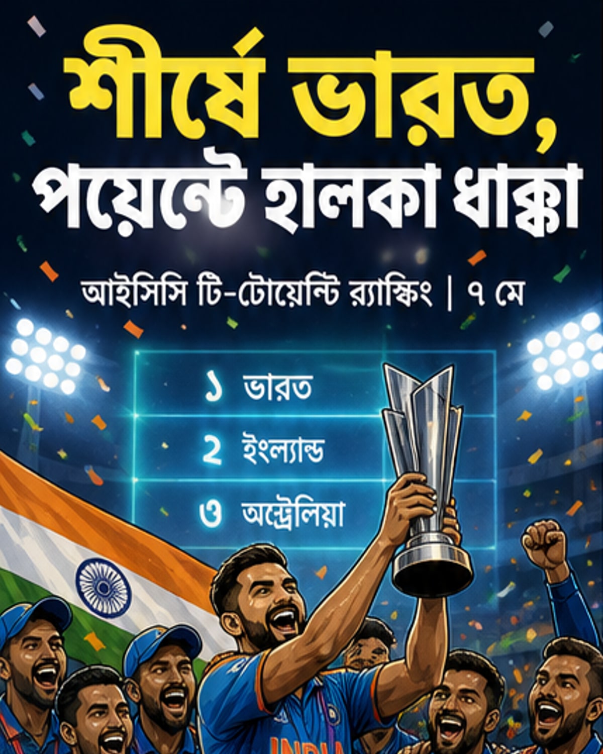 টি-টোয়েন্টি র্যাঙ্কিংয়ে শীর্ষে ভারত