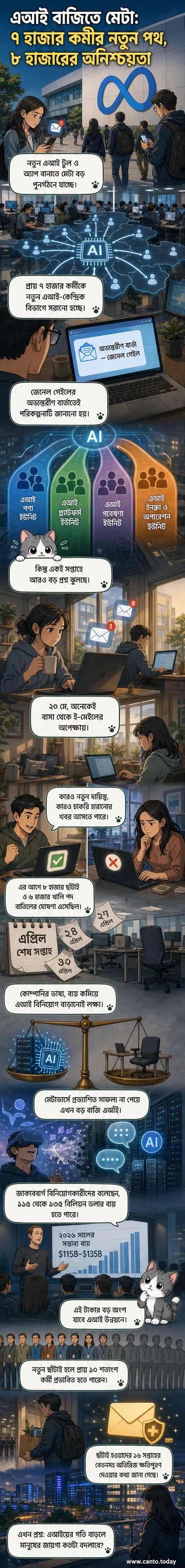 মেটা লোগোর পাশে এআই প্রযুক্তির চিত্র, পটভূমিতে কর্মীদের পুনর্বিন্যাসের সূচক তীরচিহ্ন।