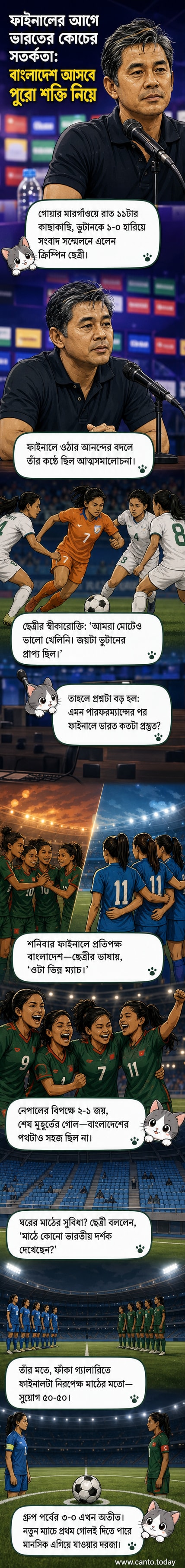 ভারতের কোচ ক্রিস্পিন ছেত্রী সাংবাদিকদের মুখোমুখি, পিছনে ফুটবল মাঠ ও ফাঁকা গ্যালারি।