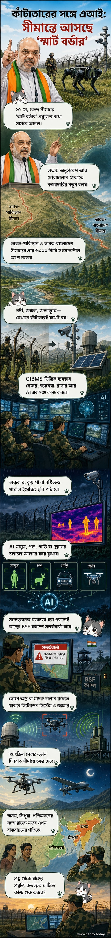 ভারতের সীমান্তে থার্মাল ক্যামেরা, ড্রোন এবং এআই-চালিত সেন্সর দিয়ে গঠিত একটি ডিজিটাল নেটওয়ার্ক চিত্রিত করা হয়েছে, যা অনুপ্রবেশ রোধ করছে।