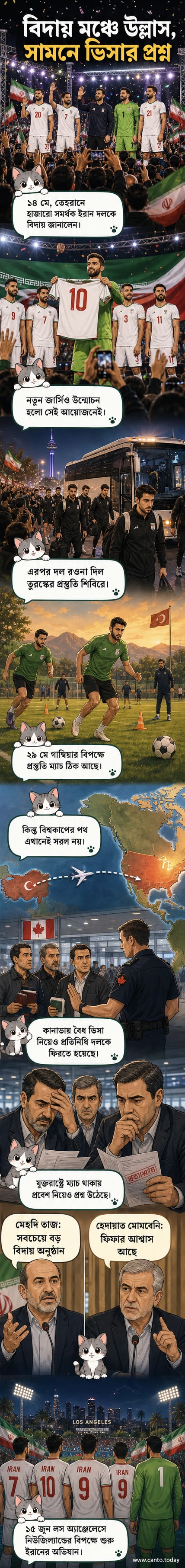 তেহরানের এনকেলাব স্কয়ারে হাজারো সমর্থকের সামনে ইরান ফুটবল দলের বিদায় সংবর্ধনা অনুষ্ঠান, খেলোয়াড়রা মঞ্চে দাঁড়িয়ে আছেন, পেছনে বিশাল জনসমাগম ও ইরানি পতাকা।