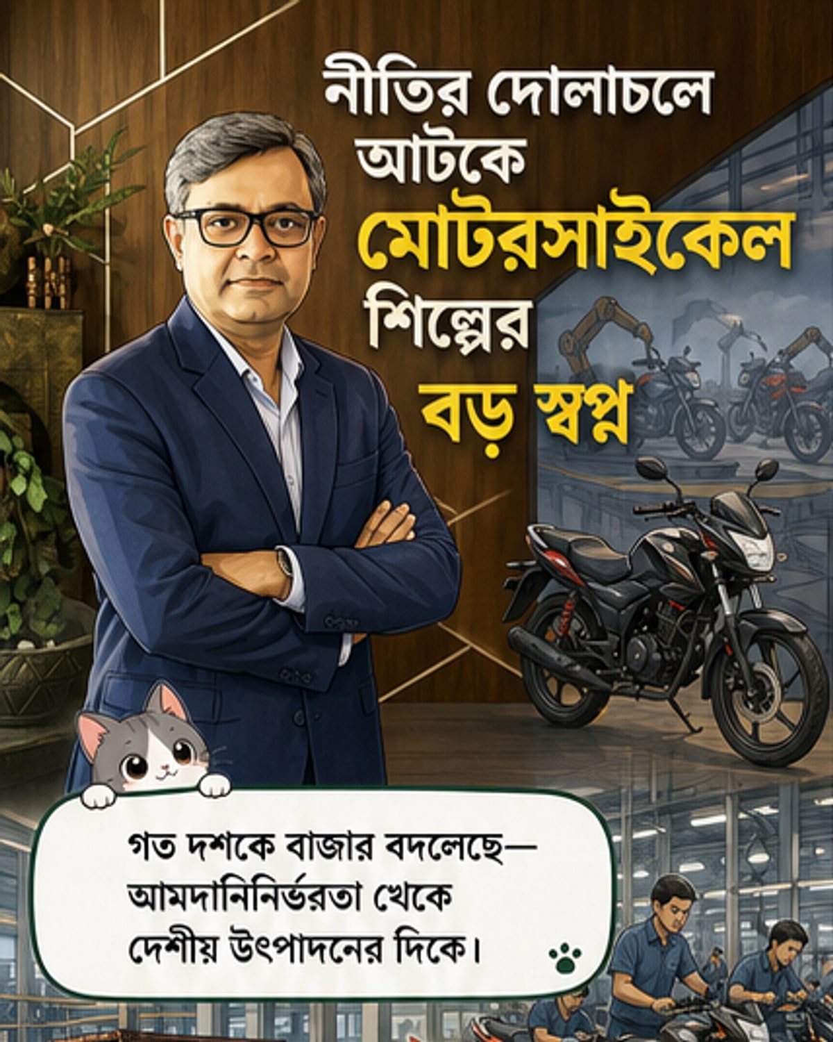 বাংলাদেশের একটি মোটরসাইকেল কারখানায় স্থানীয় শ্রমিকরা আধুনিক লাইনে যানবাহন মেরামত ও সংযোজন করছেন, পটভূমিতে হিরো ব্র্যান্ডের লোগো সহ।