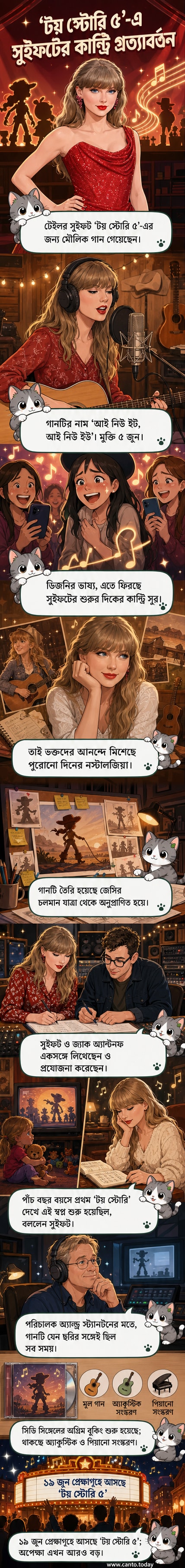 টেইলর সুইফট মাইকের সামনে দাঁড়িয়ে আছেন, পেছনে টয় স্টোরির চরিত্রগুলো উজ্জ্বল আলোয় ভেসে আছে।