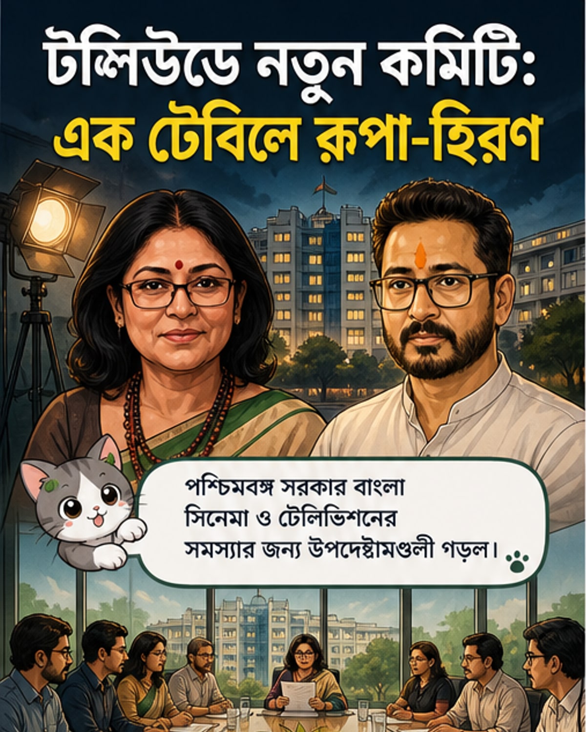 রূপা গঙ্গোপাধ্যায় ও হিরণ্ময় চট্টোপাধ্যায়সহ বাংলা চলচ্চিত্র শিল্পের শীর্ষ শিল্পীদের নিয়ে গঠিত উপদেষ্টামণ্ডলীর প্রতীকী চিত্র।
