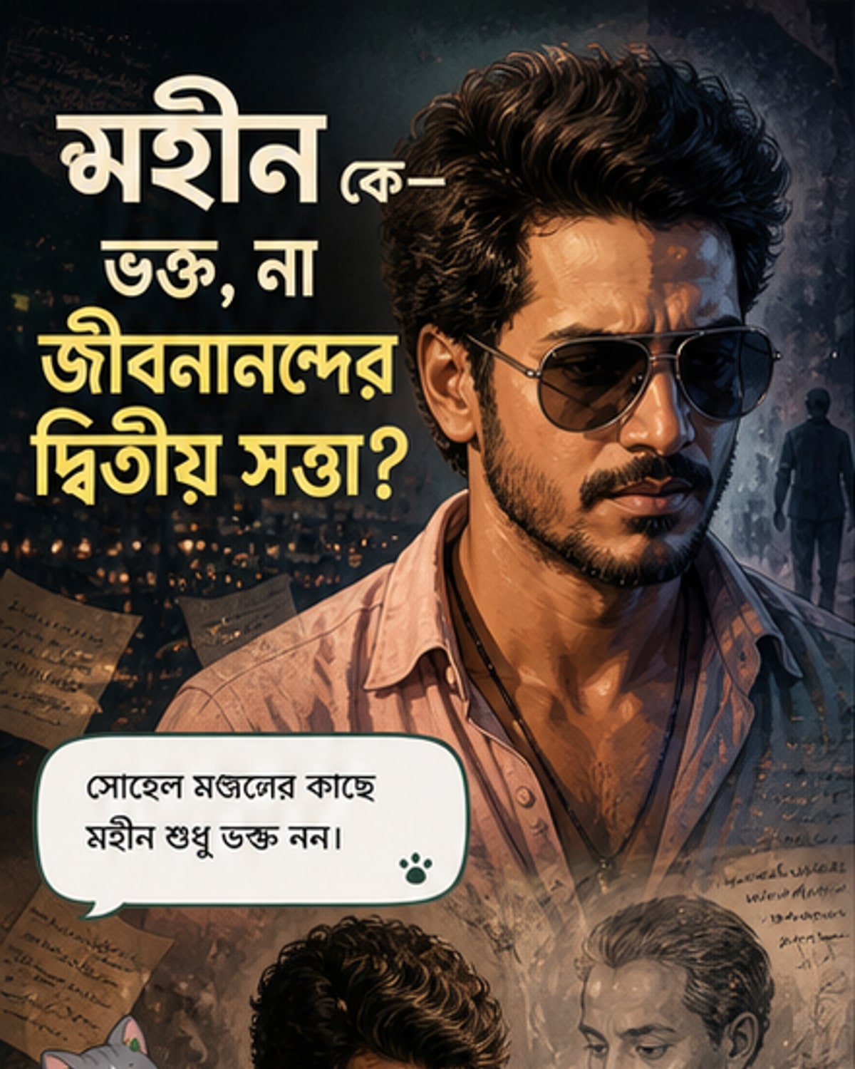 অভিনেতা সোহেল মন্ডল মহীন চরিত্রে, ধোঁয়াশাচ্ছন্ন পটভূমিতে জীবনানন্দ দাশের কবিতার পাতা ভাসছে