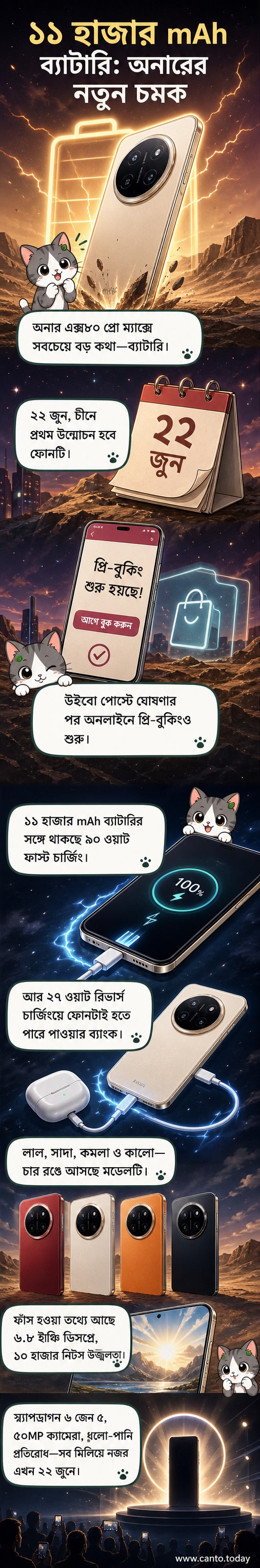 অনার এক্স৮০ প্রো ম্যাক্স স্মার্টফোনের চারটি রঙের মডেল দেখানো হচ্ছে, প্রতিটির পাশে ব্যাটারি ক্ষমতা ও চার্জিং বৈশিষ্ট্যের তথ্য লেখা।