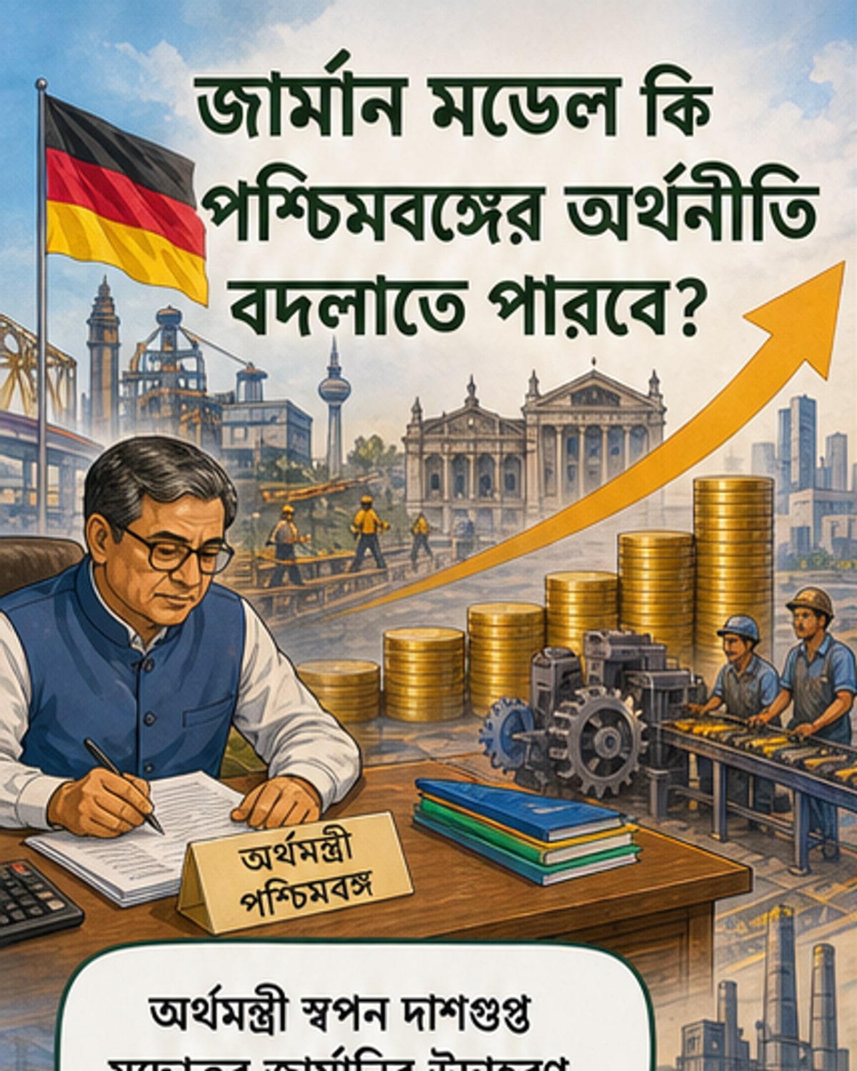 পশ্চিমবঙ্গের অর্থমন্ত্রী ডঃ স্বপন দাশগুপ্ত এবং জার্মানির যুদ্ধোত্তর অর্থনৈতিক পুনর্জাগরণের প্রতীকী চিত্র পাশাপাশি দেখানো হয়েছে, পেট্রোল পাম্প ও শিল্পাঞ্চলের পটভূমিতে।