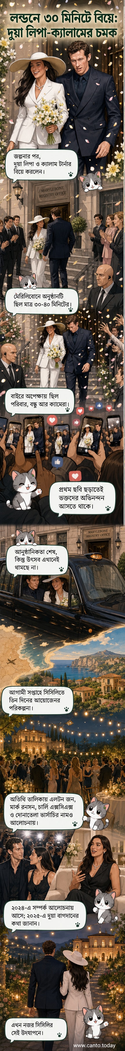 দুয়া লিপা ও ক্যালাম টার্নার লন্ডনে বিয়ের পর রেজিস্ট্রি অফিস থেকে বের হচ্ছেন, পেছনে পরিবার ও বন্ধুদের উপস্থিতি।