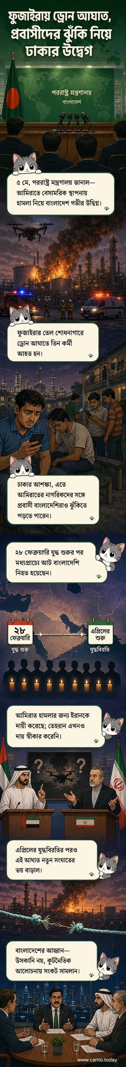 আরব আমিরাতের ফুজাইরায় তেল শোধনাগারে ড্রোন হামলার পর ধোঁয়া উঠছে, পটভূমিতে বাংলাদেশ ও আমিরাতের পতাকা, উদ্বিগ্ন মুখে প্রবাসী কর্মীদের ছবি।