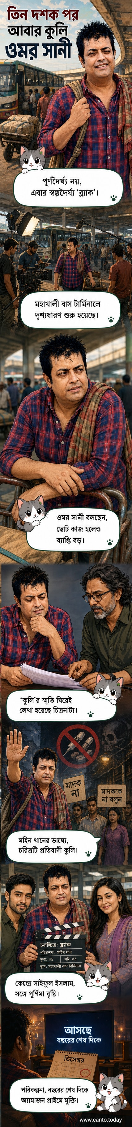 ওমর সানী কুলির পোশাকে মহাখালী বাস টার্মিনালে দৃশ্যধারণের সময় দাঁড়িয়ে আছেন, পটভূমিতে বাস ও শহরের ভিড়।