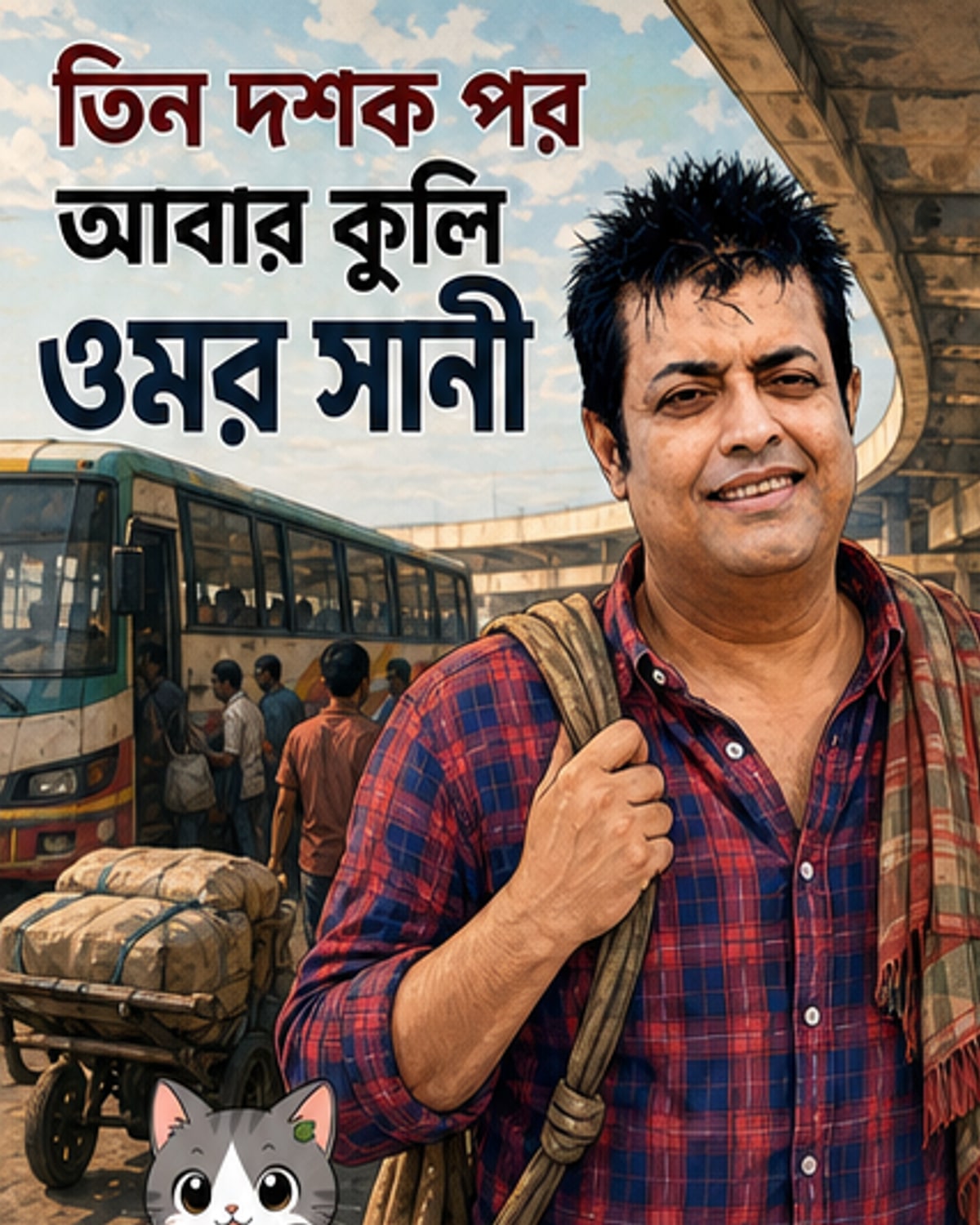 ওমর সানী কুলির পোশাকে মহাখালী বাস টার্মিনালে দৃশ্যধারণের সময় দাঁড়িয়ে আছেন, পটভূমিতে বাস ও শহরের ভিড়।