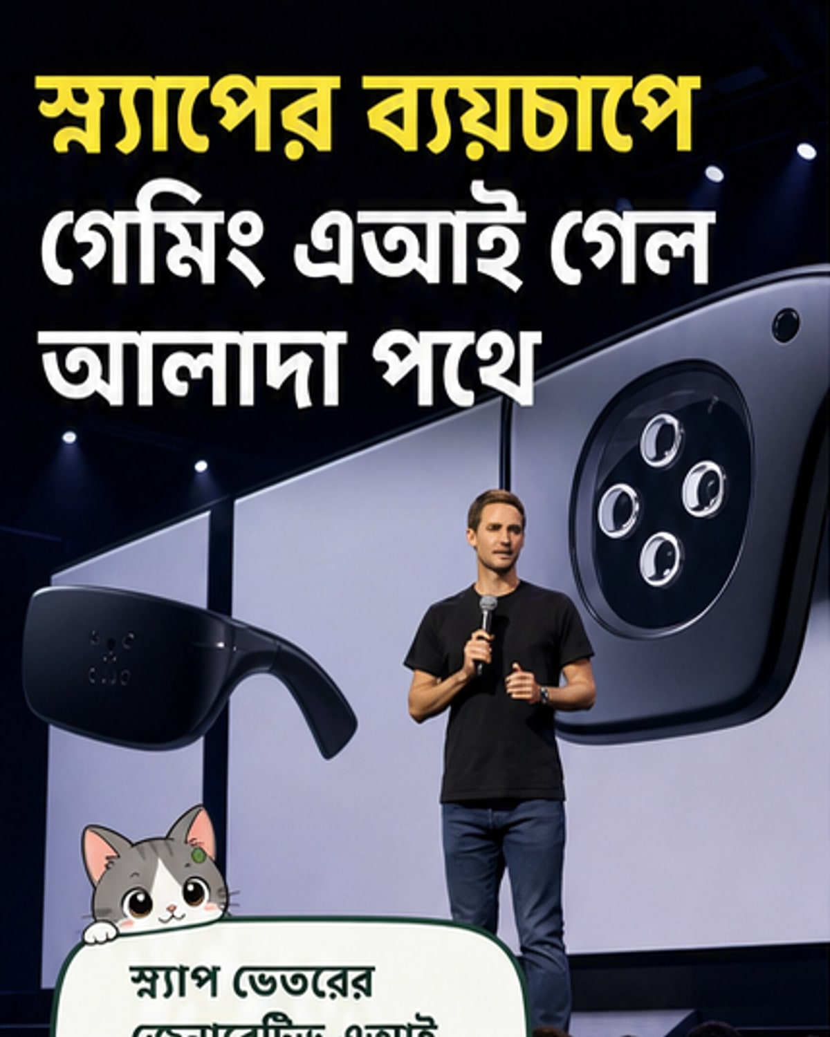 স্ন্যাপ লোগো থেকে বিচ্ছিন্ন হয়ে ডটমো নামের একটি নতুন এআই গেমিং কোম্পানি গঠনের ধারণা, যেখানে এআই মডেল ইন্টারঅ্যাকটিভ কনটেন্ট তৈরি করছে।