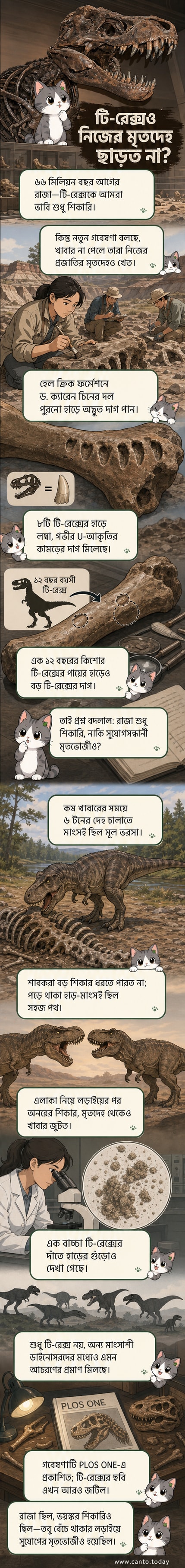 একটি টি-রেক্স তার নিজের প্রজাতির মৃত শাবকের হাড় চিবোচ্ছে, পটভূমিতে প্রাগৈতিহাসিক দৃশ্য।