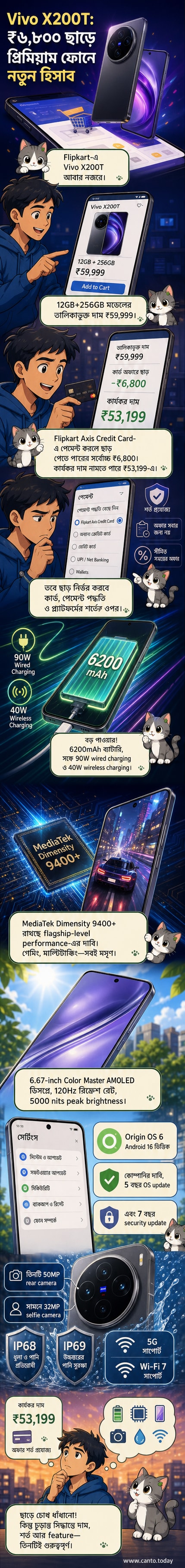 ভিভো X200T স্মার্টফোনের ছবি, যেখানে তার AMOLED ডিসপ্লে, ট্রিপল ক্যামেরা মডিউল এবং বড় ব্যাটারি ক্ষমতার উল্লেখ রয়েছে, পাশাপাশি ফ্লিপকার্টে ছাড়ের বিজ্ঞাপন দেখানো হয়েছে।