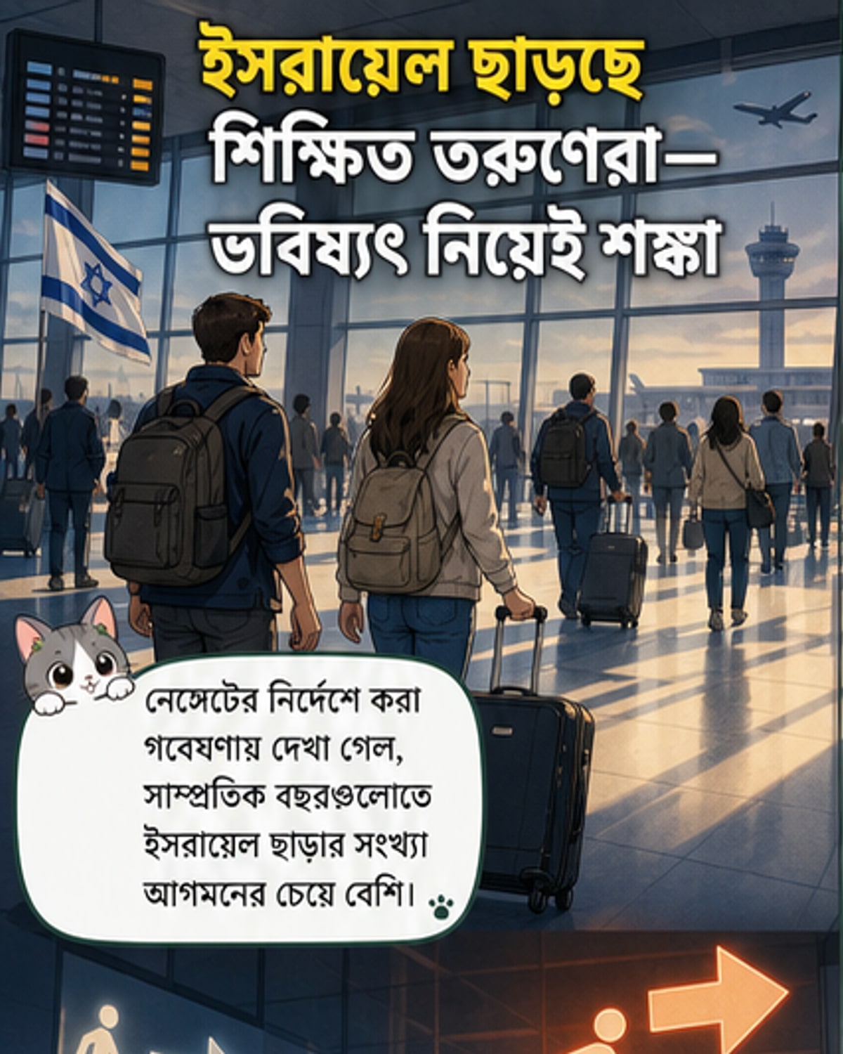 ইসরায়েলের বেন গুরিয়ন বিমানবন্দরে আগন্তুকদের ভিড়, পটভূমিতে ইসরায়েলি বিমান দেখা যাচ্ছে।