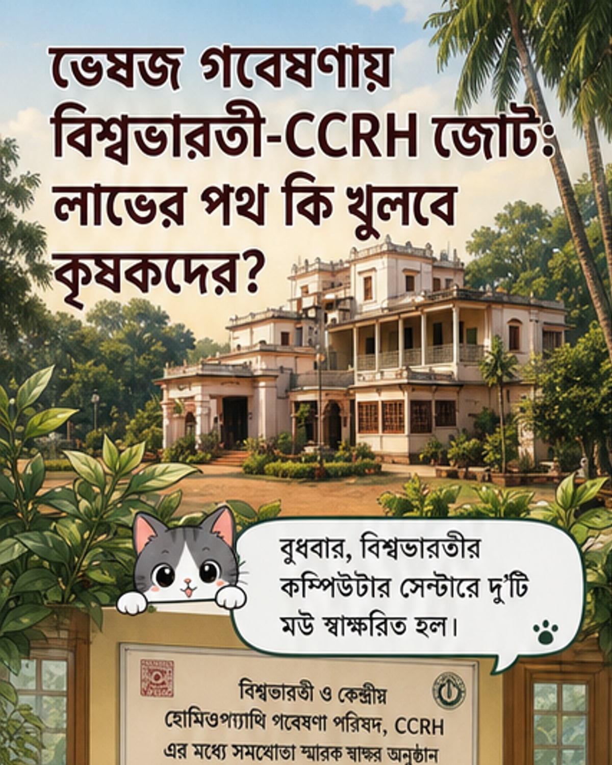বিশ্বভারতী ক্যাম্পাসে একটি গবেষণা অনুষ্ঠানে মউ স্বাক্ষরের মুহূর্ত, পটভূমিতে উপস্থিত গবেষক ও আধিকারিকরা