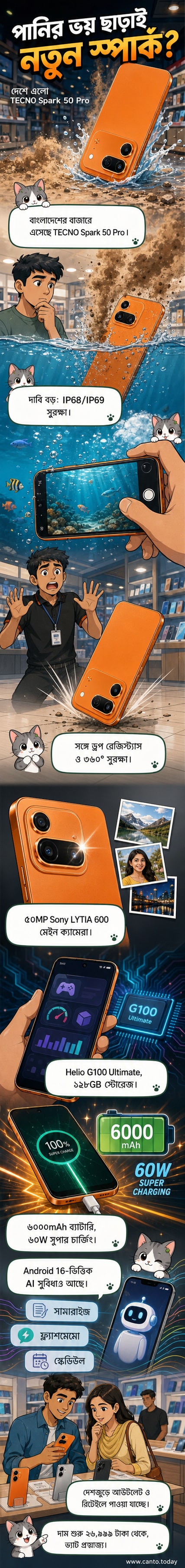 টেকনো স্পার্ক ৫০ প্রো স্মার্টফোনের ছবি, যা জলের নিচে থাকা অবস্থায় দেখানো হয়েছে, পাশে ব্র্যান্ড লোগো ও বৈশিষ্ট্যগুলোর আইকন।