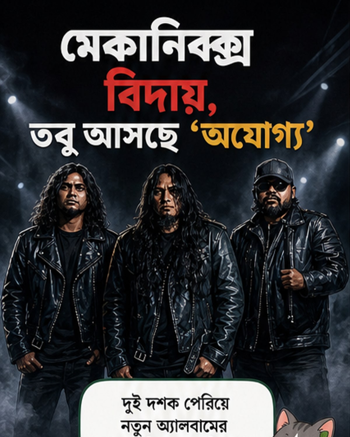 মেকানিক্স ব্যান্ডের তিন সদস্য মঞ্চে দাঁড়িয়ে আছেন, পেছনে আলোকিত ব্যাকড্রপ।