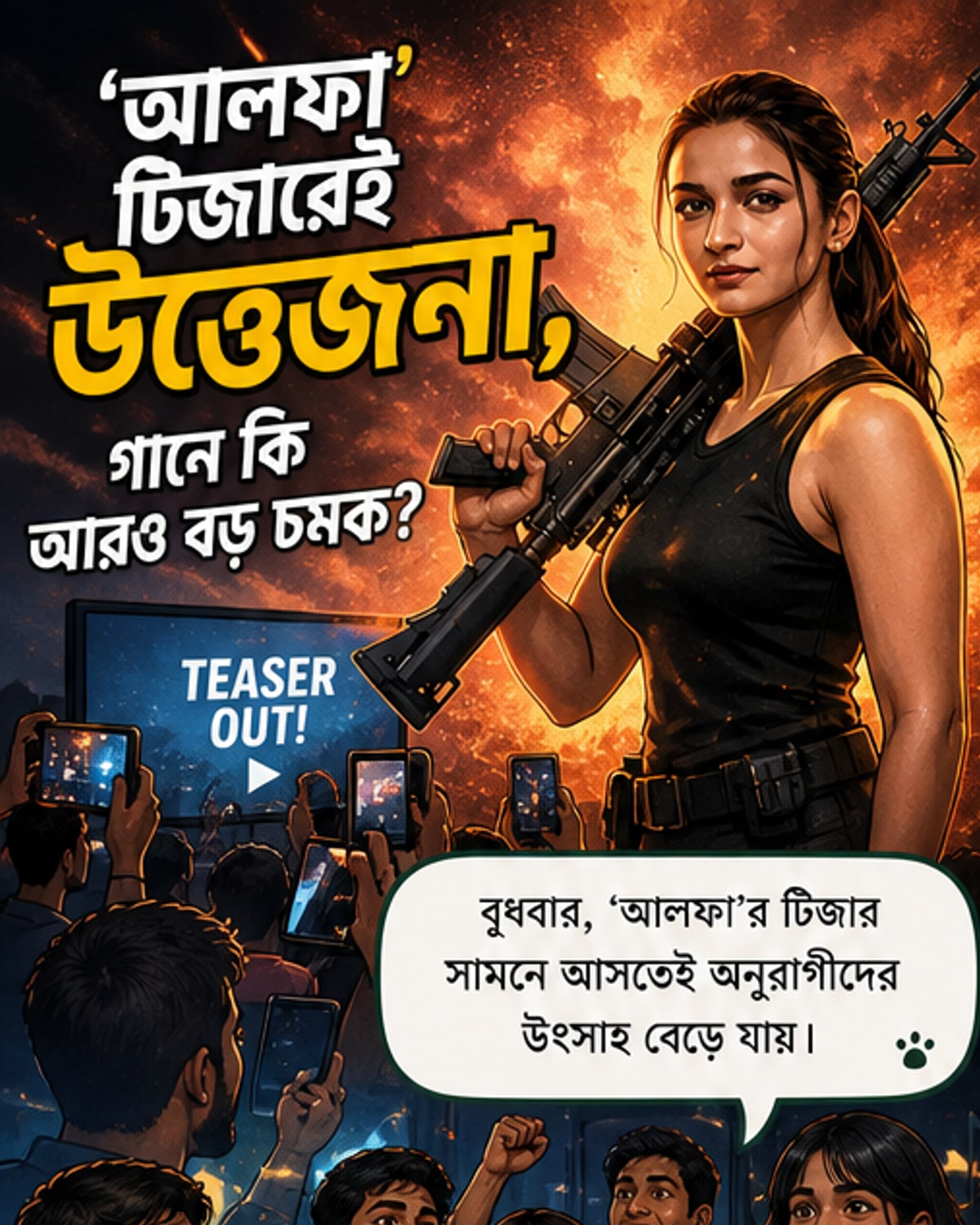 ‘আলফা’ ছবির টিজার পোস্টারে আলিয়া ভট্ট ও শর্বরী ওয়াঘের ছবি, পেছনে অ্যাকশন-থ্রিলার পরিবেশ।