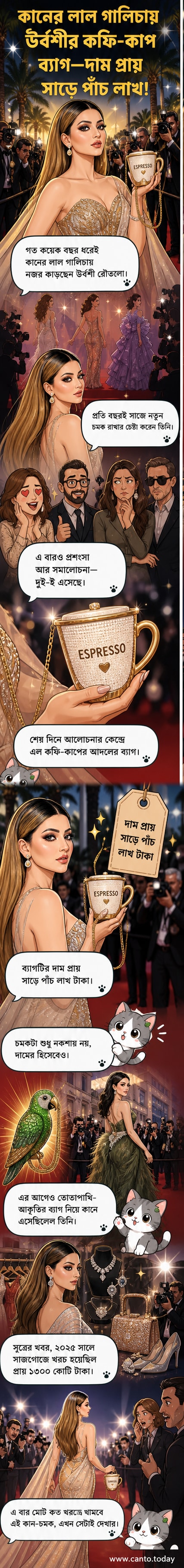 ঊর্বশী রৌতেলা কান চলচ্চিত্র উৎসবে কফিকাপের মতো ডিজাইনের ৫৫ লাখ টাকার ব্যাগ হাতে রেড কার্পেটে দাঁড়িয়ে আছেন।