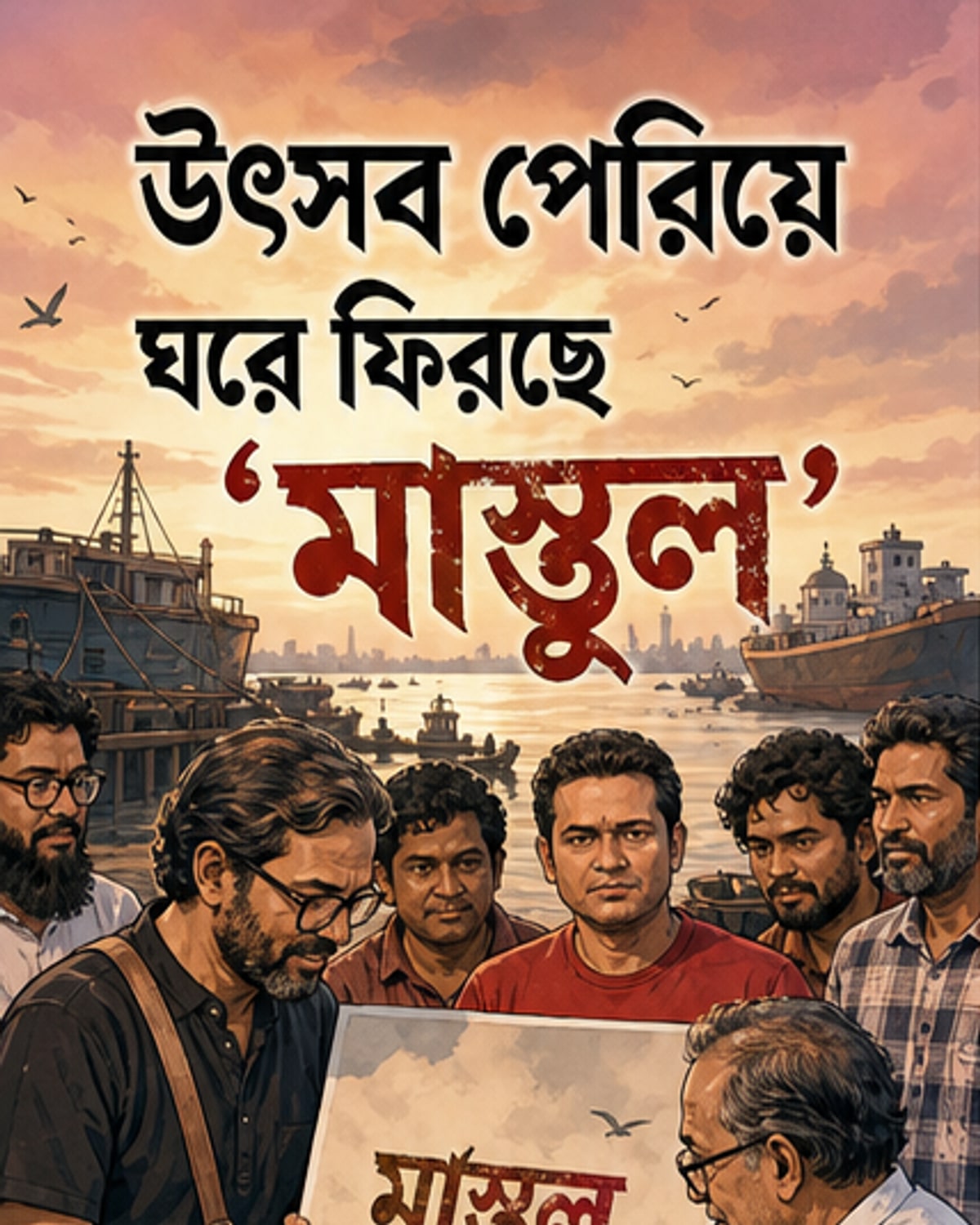বাংলাদেশি চলচ্চিত্র ‘মাস্তুল’-এর প্রথম অফিসিয়াল পোস্টার, যেখানে একটি তেলের ট্যাংকার, নদীবন্দর ও দুই চরিত্রের ছবি রয়েছে।