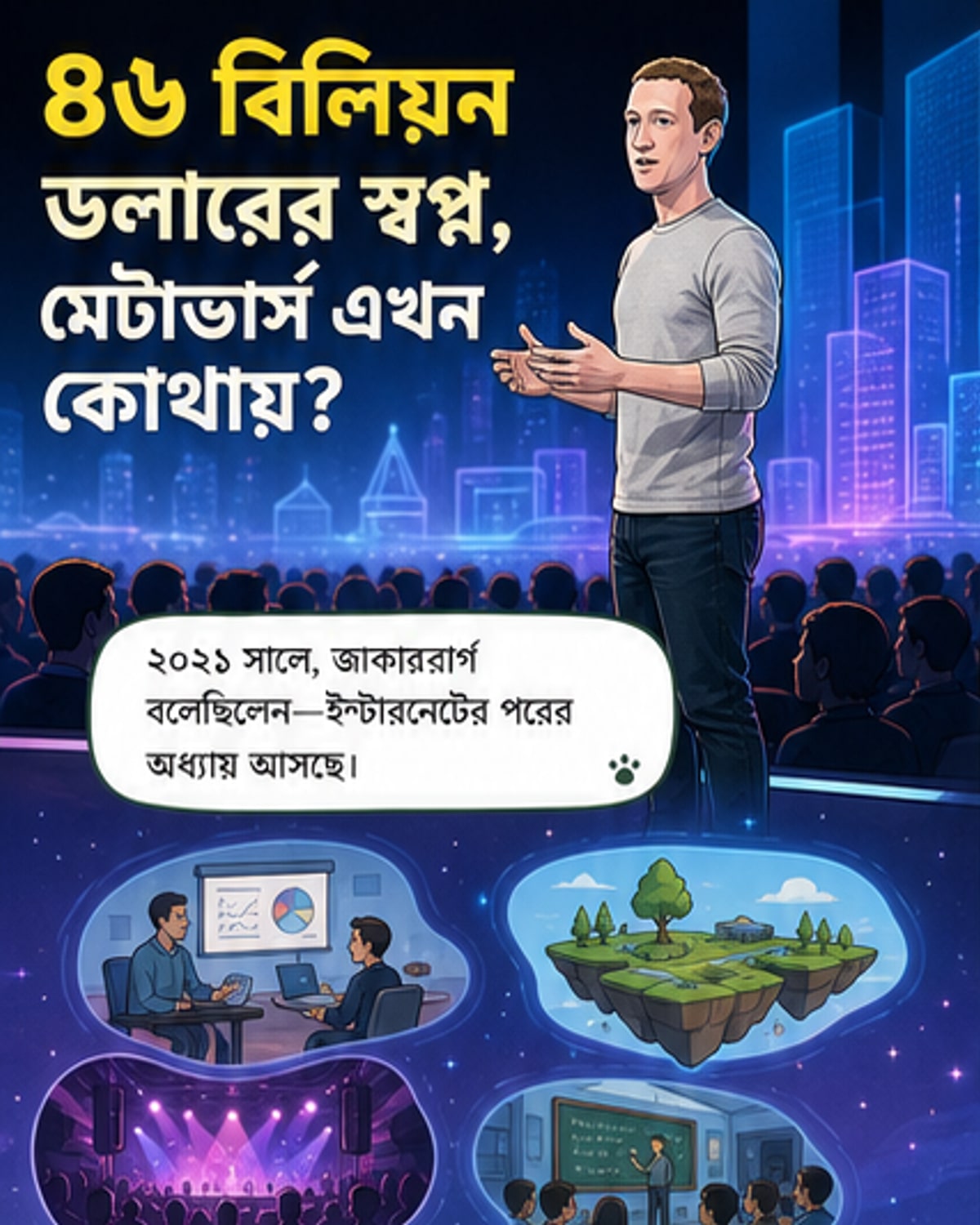 ভার্চুয়াল অ্যাভাটার নিয়ে খালি রাস্তা ঘিরা মেটাভার্স শহর, আকাশে মেঘ, দূরে মার্ক জাকারবার্গের সিলুয়েট।