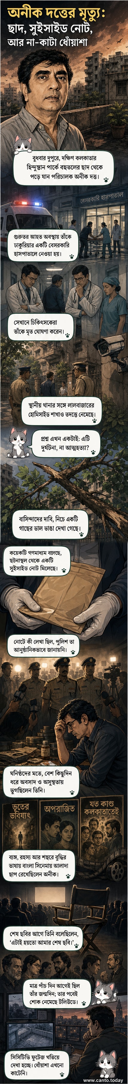অনীক দত্তের ছবির স্টিল এবং কলকাতার আকাশছোঁয়া ভবনের ছাদের দৃশ্য নিয়ে তৈরি একটি মৌলিক ইলাস্ট্রেশন, যেখানে রহস্যময় পতন এবং সুইসাইড নোটের ইঙ্গিত রয়েছে।