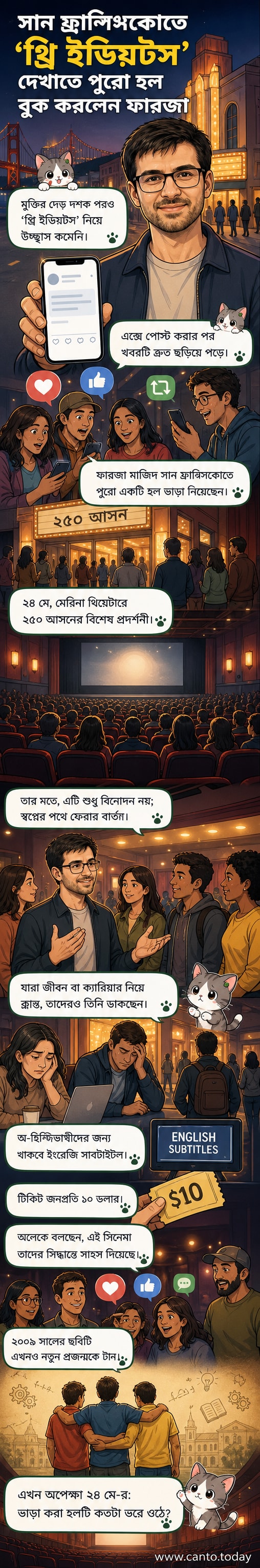 থ্রি ইডিয়টস সিনেমার পোস্টার নিয়ে মেরিনা থিয়েটারের সামনে দাঁড়ানো একজন ব্যক্তি, পেছনে শহরের স্কাইলাইন।