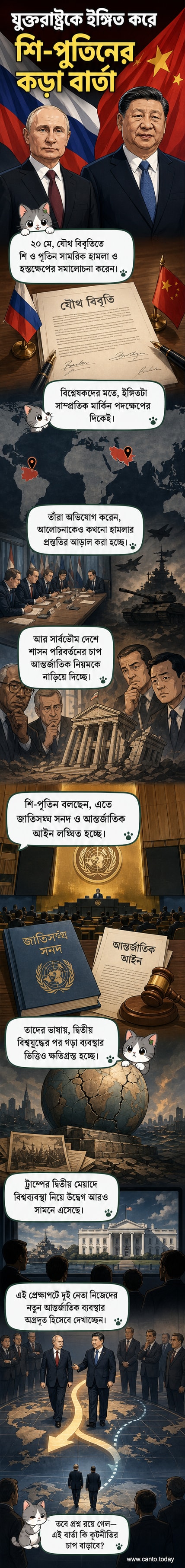চীনের প্রেসিডেন্ট শি জিনপিং ও রাশিয়ার প্রেসিডেন্ট ভ্লাদিমির পুতিন যৌথ সাংবাদিক সম্মেলনে বসে আছেন, পেছনে চীন-রাশিয়ার পতাকা।