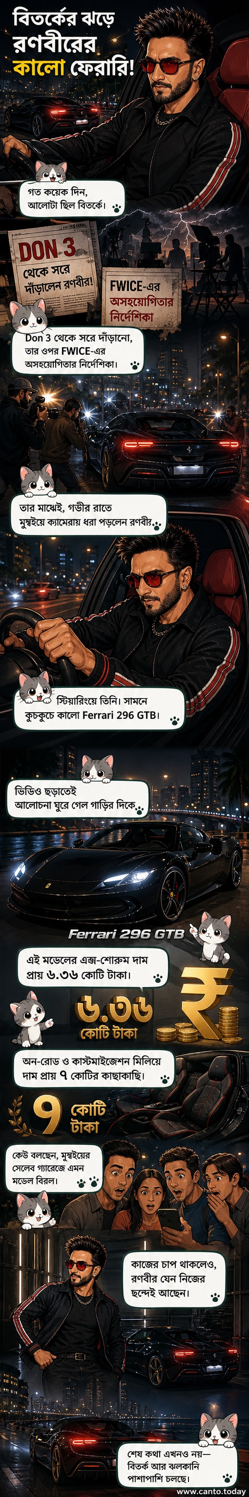 রণবীর সিং কালো ফেরারি ২৯৬ জিটিবি গাড়িতে বসে আছেন, মুম্বইয়ের রাস্তার আলো পিছনে।