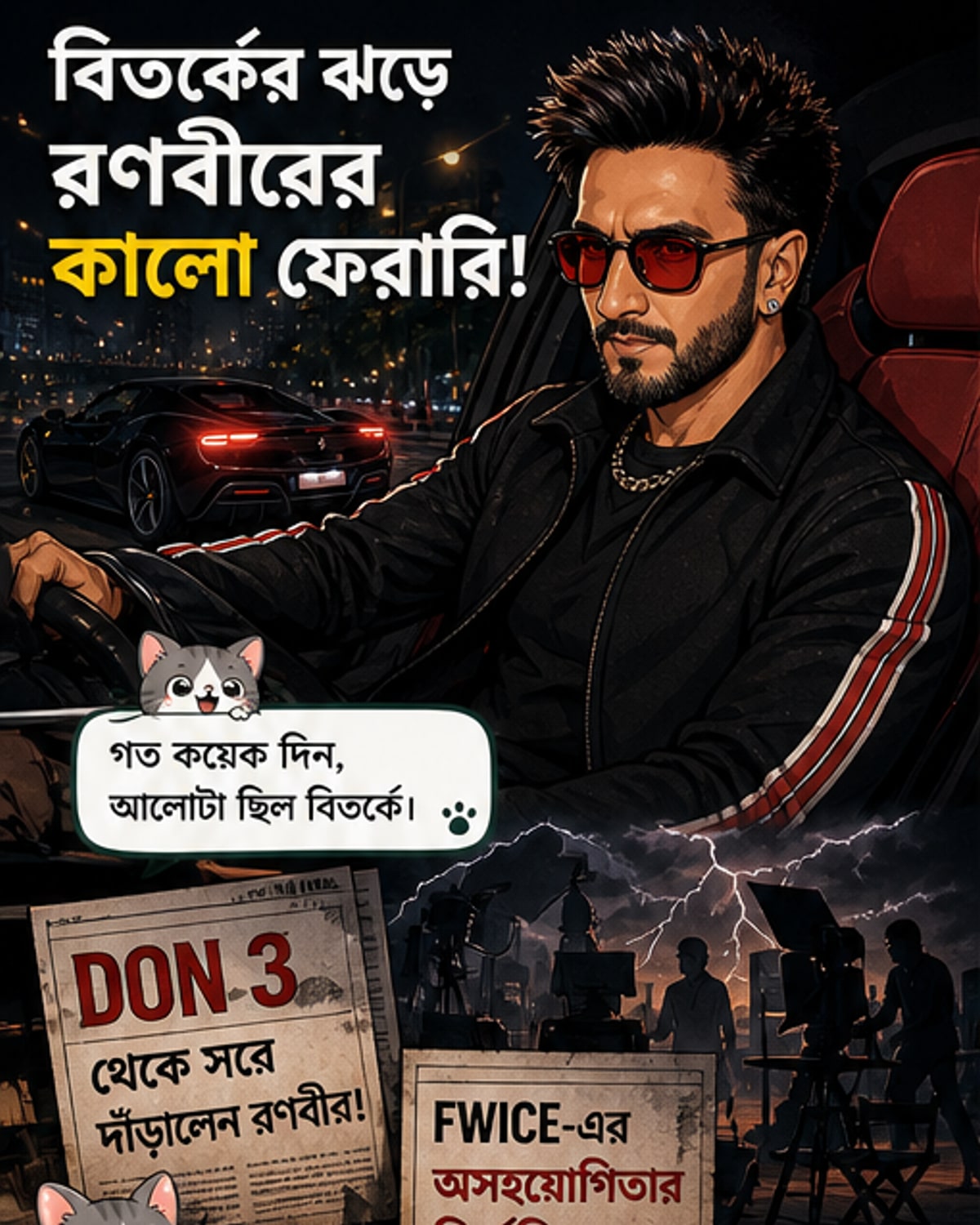 রণবীর সিং কালো ফেরারি ২৯৬ জিটিবি গাড়িতে বসে আছেন, মুম্বইয়ের রাস্তার আলো পিছনে।