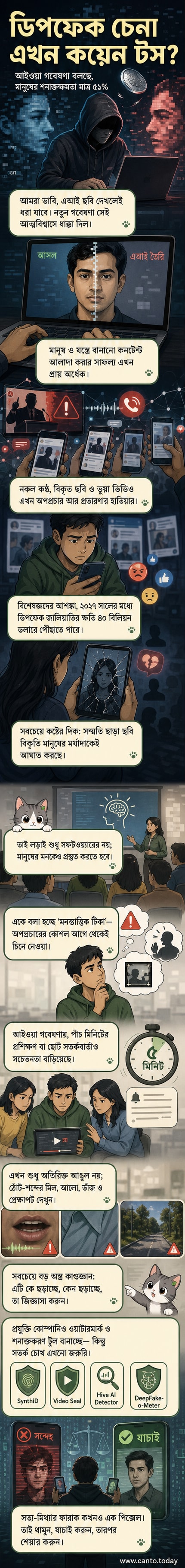 একটি মানুষ এবং একটি এআই জেনারেটেড মুখের মধ্যে পার্থক্য খুঁজছেন, পটভূমিতে ভাঙা পিক্সেল ও ডিজিটাল তরঙ্গ।