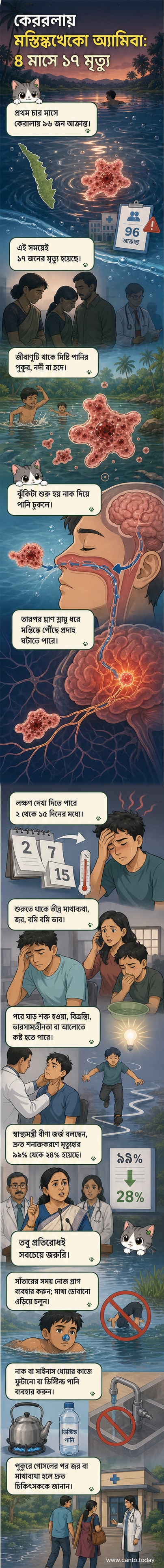 একটি মানুষের মস্তিষ্কে অ্যামিবা প্রবেশের কল্পনাপ্রসূত চিত্র, নীল ও লাল রঙের স্টাইলাইজড ভেক্টর আর্ট