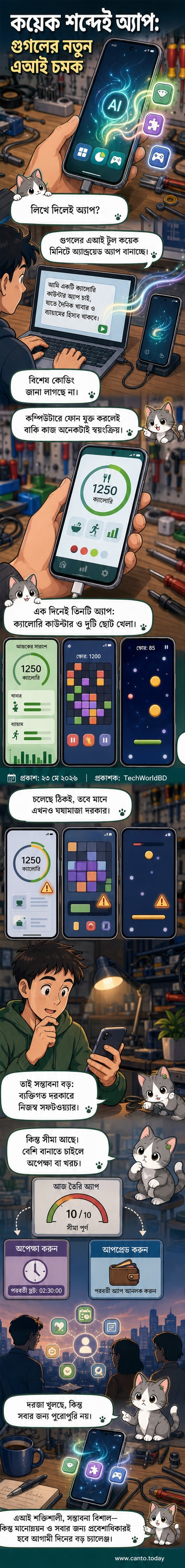 গুগলের লোগো এবং একটি স্মার্টফোন স্ক্রিনে কয়েকটি নতুন অ্যাপের আইকন দেখা যাচ্ছে, যেগুলো কৃত্রিম বুদ্ধিমত্তা ব্যবহার করে তৈরি করা হয়েছে।