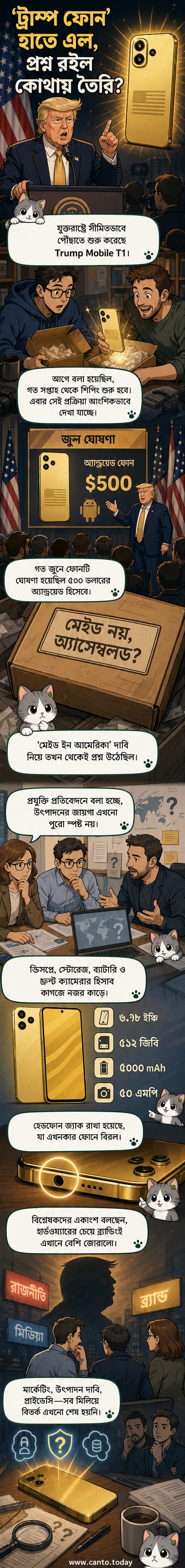 গোল্ড রঙের একটি স্মার্টফোন, পেছনে ট্রাম্প মোবাইল লোগো এবং সামনে ট্রুথ সোশ্যাল অ্যাপ আইকন সহ স্ক্রিন।