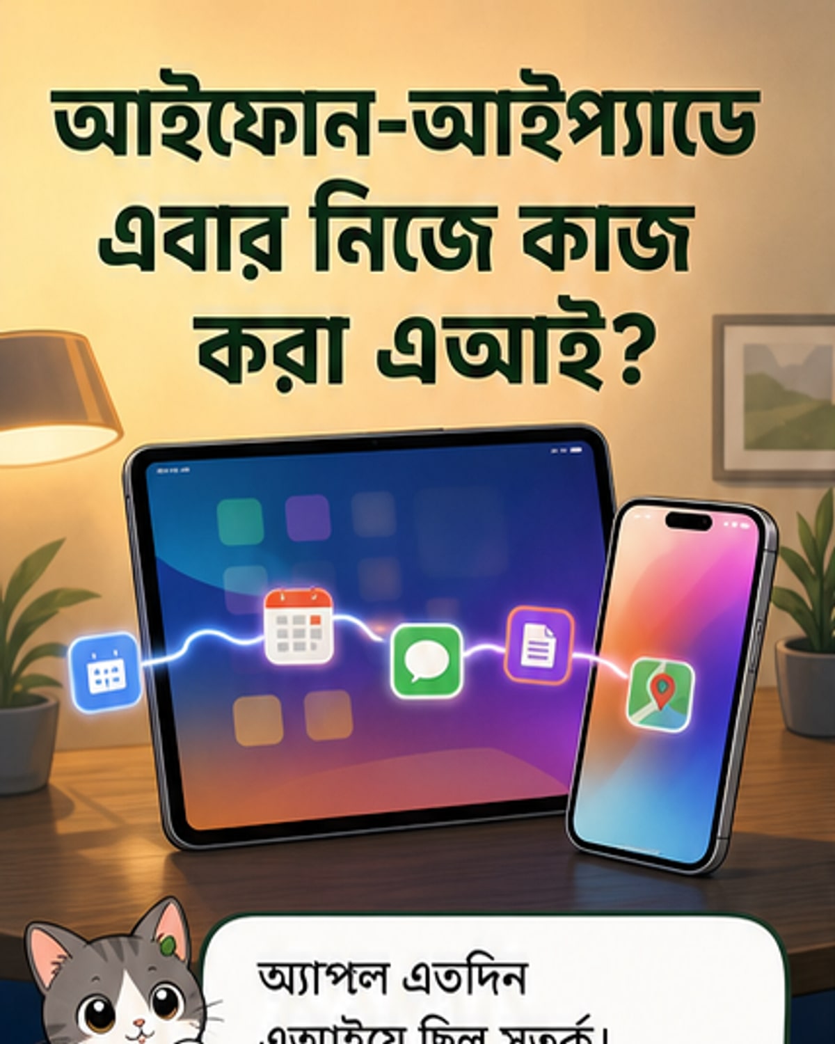 আইফোন স্ক্রিনে সিরি আইকন থেকে নীল আলোর রেখা ছড়িয়ে পড়ছে, পেছনে এআই চিহ্ন সহ ডিজিটাল নেটওয়ার্কের ছবি