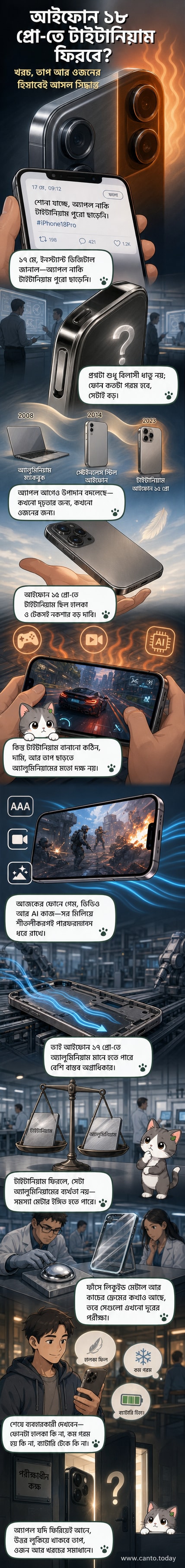 আইফোন ১৮ প্রো-এর কল্পিত ডিজাইন, টাইটানিয়াম ফ্রেম ও উন্নত শীতলীকরণ ব্যবস্থা দেখানো হয়েছে।