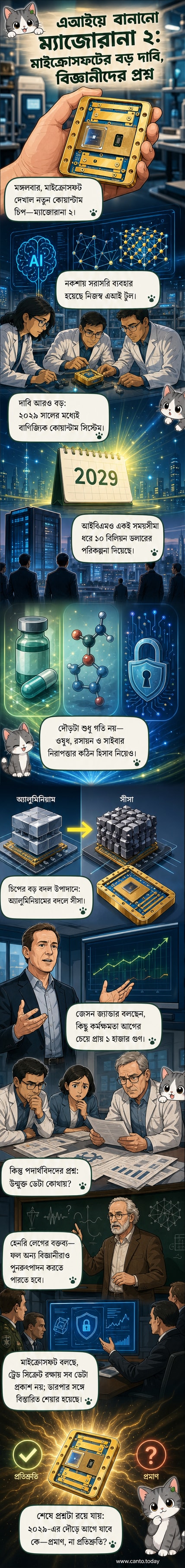মাইক্রোসফটের নতুন এআই-সহায়তাপ্রাপ্ত কোয়ান্টাম চিপ ‘ম্যাজোরানা ২’-এর ডিজিটাল রেন্ডারিং, যেখানে সীসা ও এআই প্রযুক্তির সমন্বয় দেখানো হয়েছে।