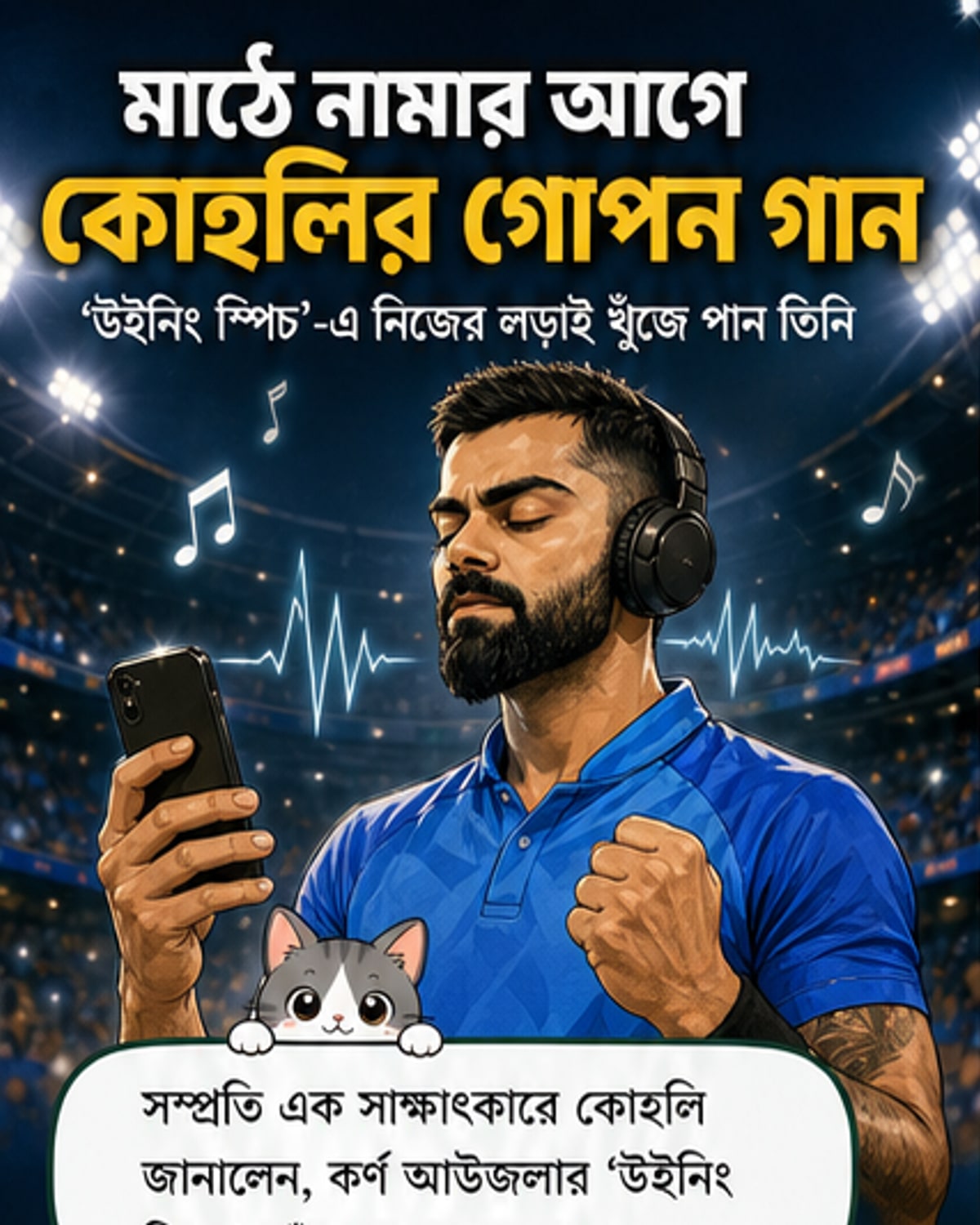 বিরাট কোহলি মাঠে নামার আগে হেডফোন পরে কর্ণ আউজলার 'উইনিং স্পিচ' গান শুনছেন।