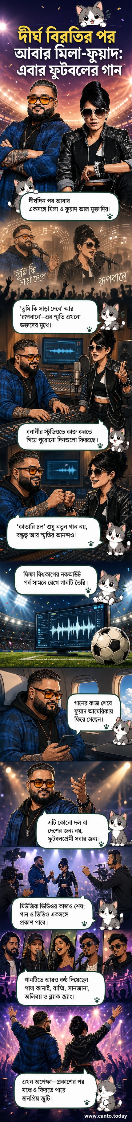 মিলা ও ফুয়াদ আল মুক্তাদিরের নতুন গান 'কান্ডারি চল'-এর প্রচারমূলক ছবি, ফুটবল ও সঙ্গীতের মিশ্রণে রঙিন ভিজ্যুয়াল।