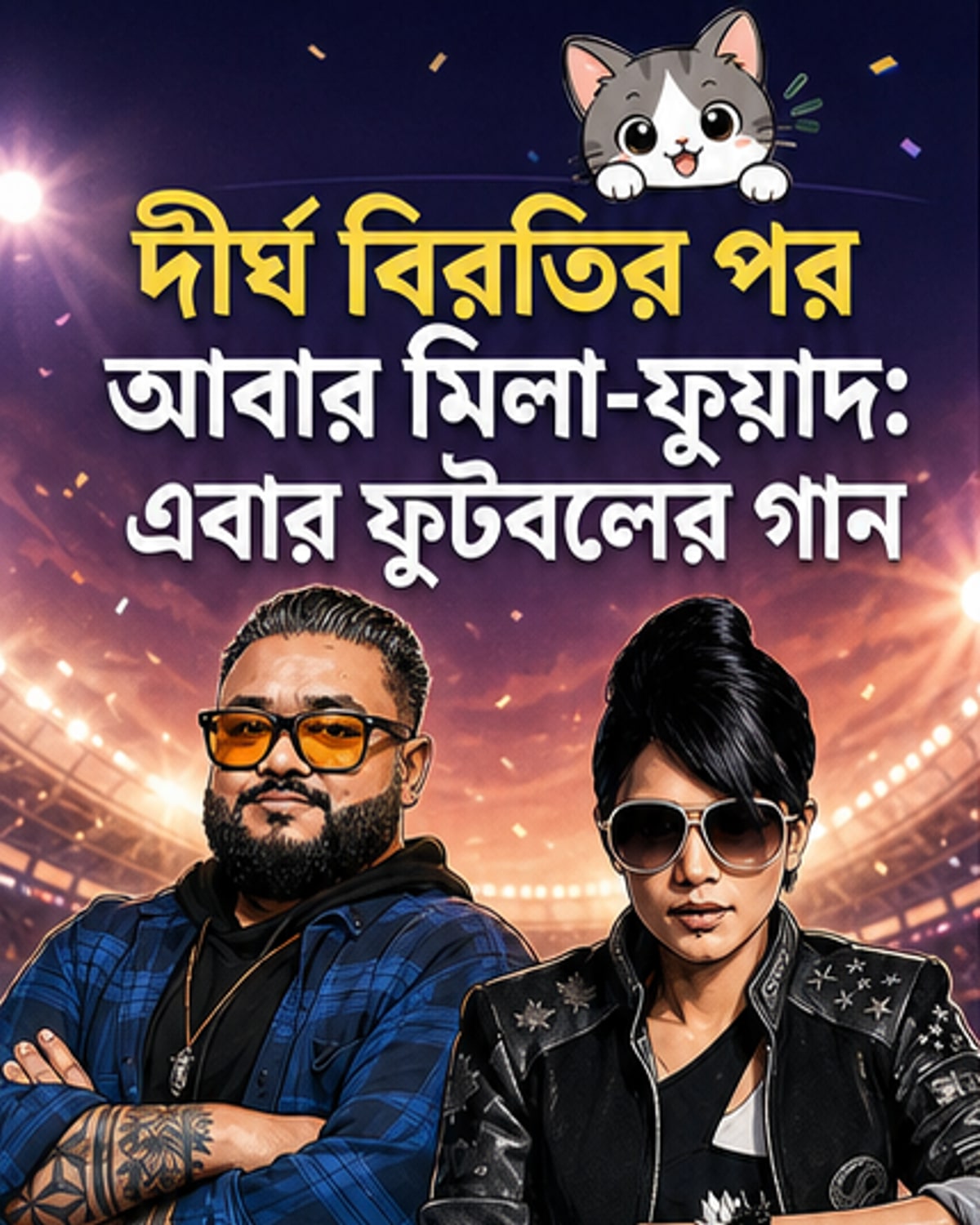 মিলা ও ফুয়াদ আল মুক্তাদিরের নতুন গান 'কান্ডারি চল'-এর প্রচারমূলক ছবি, ফুটবল ও সঙ্গীতের মিশ্রণে রঙিন ভিজ্যুয়াল।