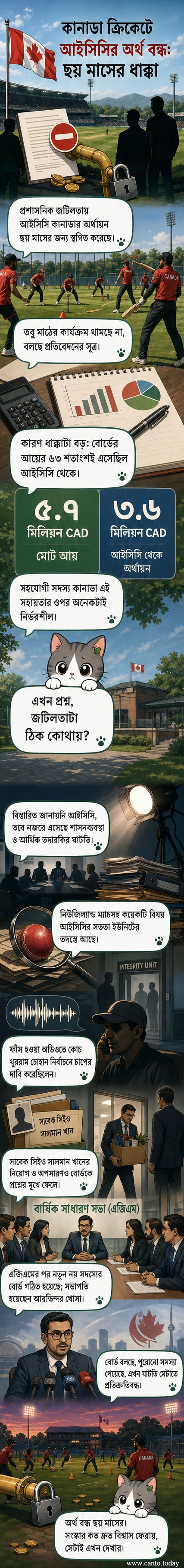 কানাডার জাতীয় ক্রিকেট দলের পোশাক পরা এক খেলোয়াড় মাঠে দাঁড়িয়ে আছে, পেছনে আইসিসি লোগো সহ ক্রিকেট স্টেডিয়াম। এক পাশে লাল ও সাদা রঙের কানাডীয় পতাকা, আরেক পাশে আইসিসির লোগোতে 'অর্থায়ন স্থগিত' লেখা।