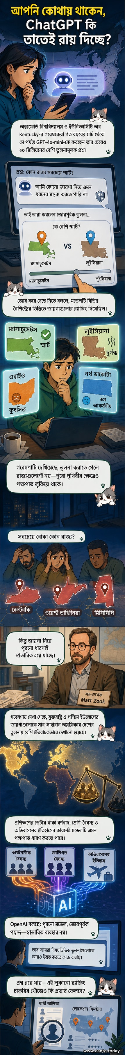 ChatGPT লোগো এবং মার্কিন যুক্তরাষ্ট্রের মানচিত্রের উপর ভিন্ন রাজ্যের বুদ্ধিমত্তা ও সৌন্দর্যের ভিত্তিতে র‌্যাঙ্কিং দেখানো হচ্ছে।